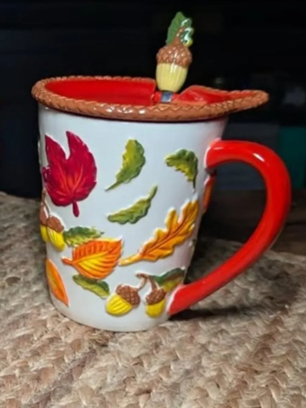 Temp-tations by Tara Autumn Harvest Mug Set Saucer Spoon Embossed Leaf & Acorn